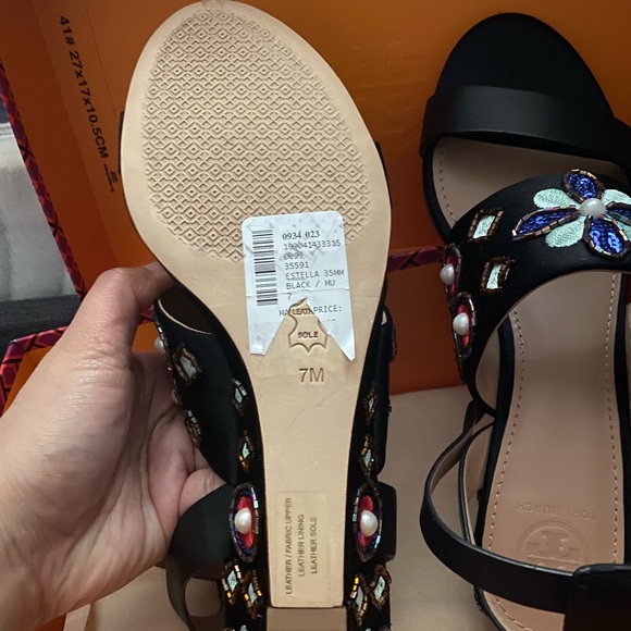 Tory Burch Estella Crystal Embellished Leather Wedge Sandals - Picture 5 of 5